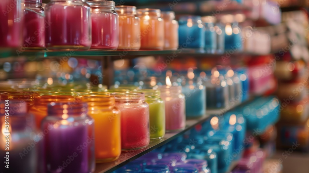 Shelves lined with an array of colorful candles in glass jars. Shelves lined with an array of colorful candles in glass jars.