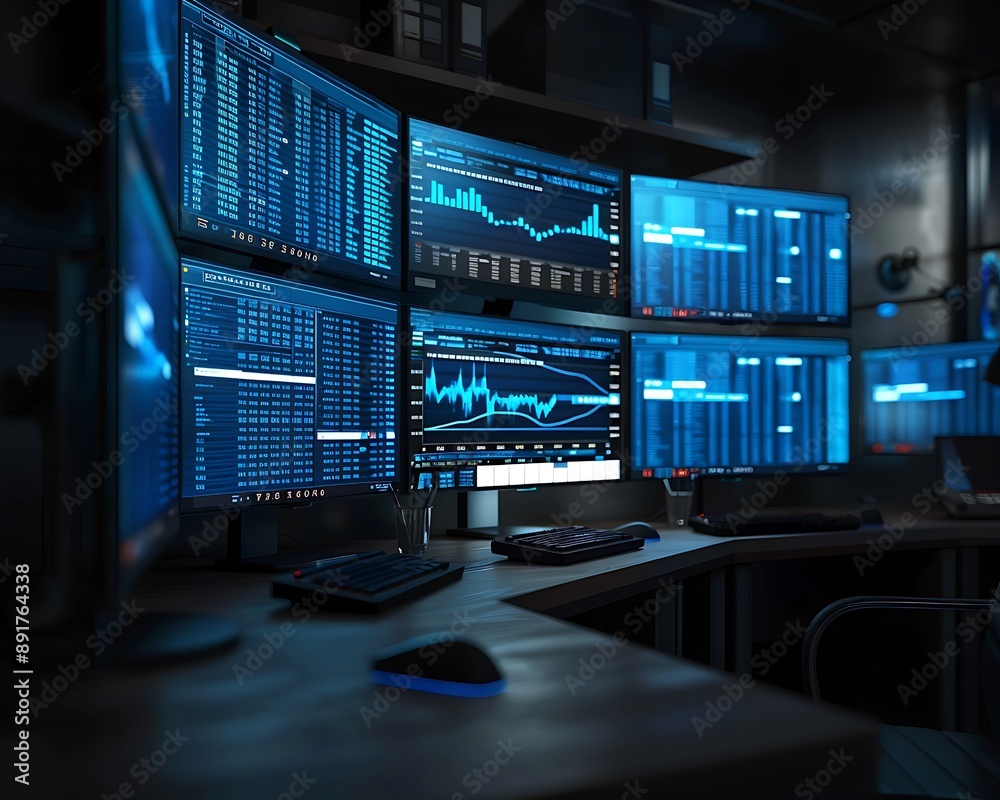 High-tech financial trading desk, multiple monitors displaying blue data, cinematic lighting, 3d render, dark setting, High-tech financial trading desk, multiple monitors displaying blue data, cinematic lighting, 3d render, dark setting,