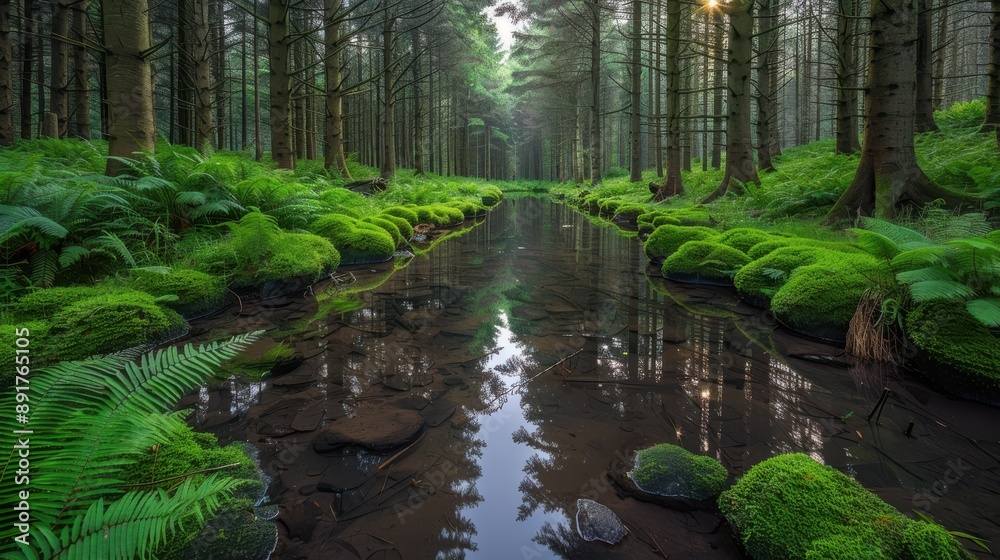 Serene forest stream surrounded by lush greenery and tall trees in a tranquil natural landscape, perfect for relaxation and nature lovers Serene forest stream surrounded by lush greenery and tall trees in a tranquil natural landscape, perfect for relaxation and nature lovers