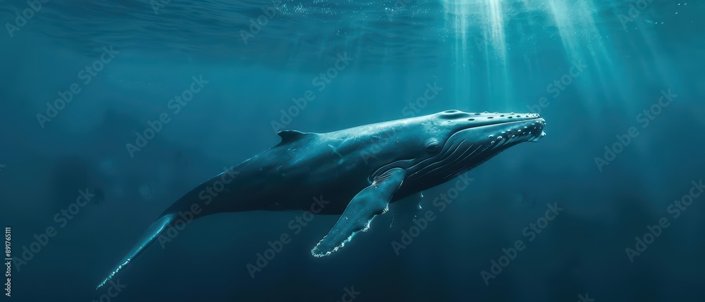 A whale gliding through the ocean in an ultramodern, supernatural scene, with copy space A whale gliding through the ocean in an ultramodern, supernatural scene, with copy space