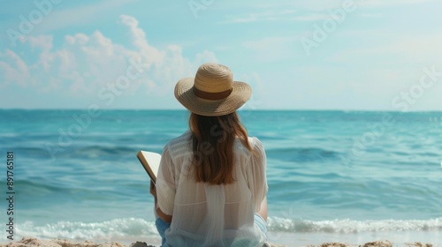 Wallpaper Mural Woman in a straw hat sits on the beach reading a book at the ocean Torontodigital.ca
