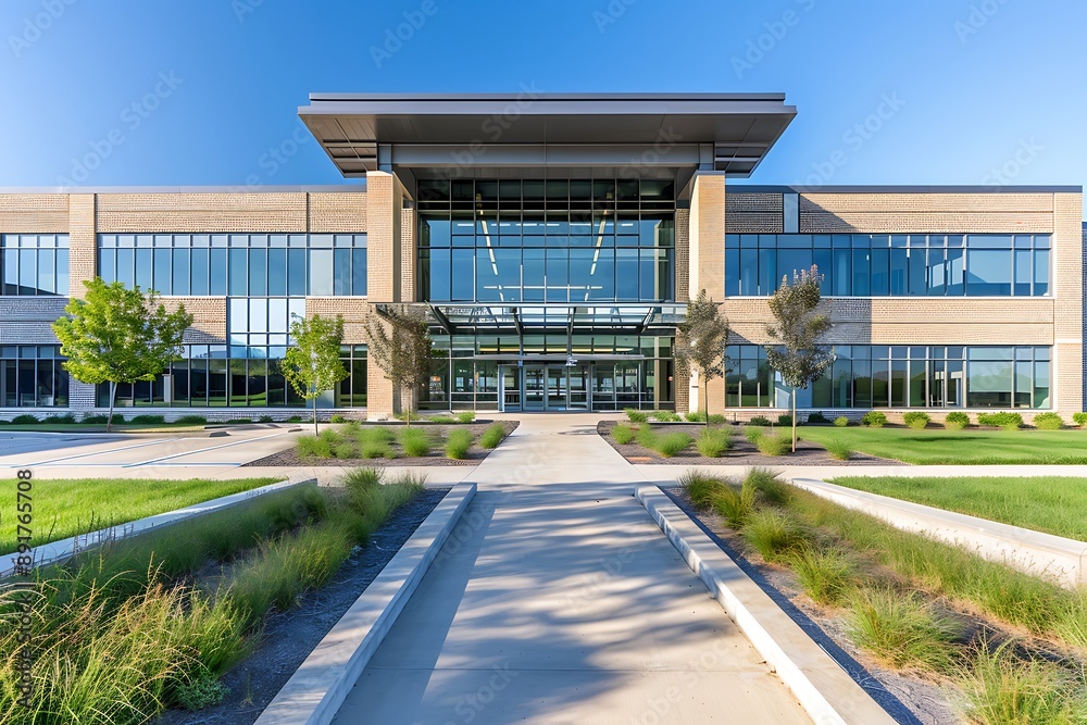 A sleek, modern school building with a welcoming entrance and well-maintained grounds A sleek, modern school building with a welcoming entrance and well-maintained grounds