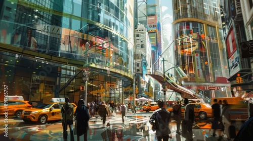 A bustling crowd navigates a city street with towering skyscrapers and vibrant signage