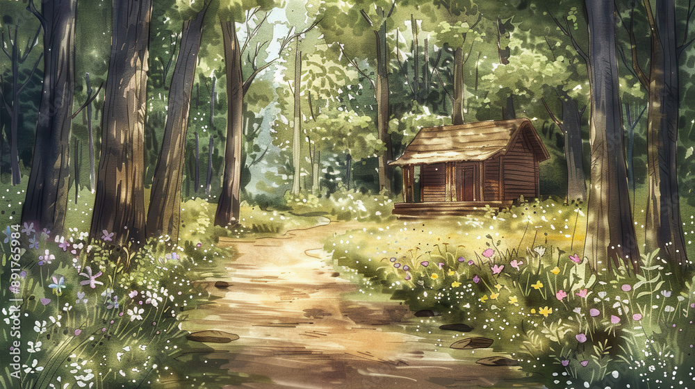 A watercolor illustration of a small wooden cabin in a forest clearing, surrounded by tall trees and wildflowers, with dappled sunlight creating a patchwork of light and shadow on the ground A watercolor illustration of a small wooden cabin in a forest clearing, surrounded by tall trees and wildflowers, with dappled sunlight creating a patchwork of light and shadow on the ground