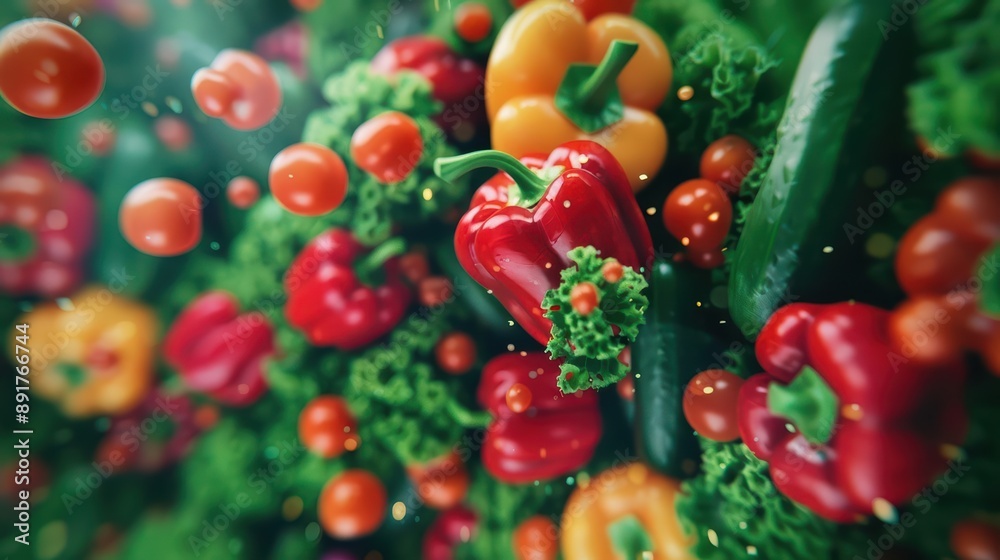 Experience enchantment with a flyover of healthy food in an ultramodern, supernatural scene, with copy space Experience enchantment with a flyover of healthy food in an ultramodern, supernatural scene, with copy space