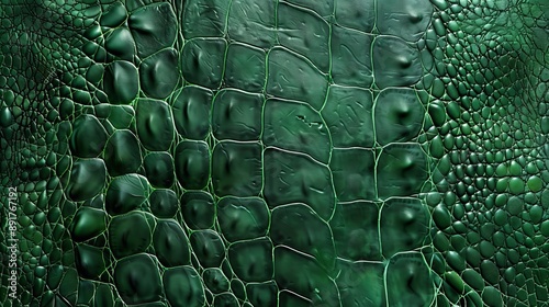 Fototapeta Naklejka Na Ścianę i Meble -  Green embossed reptile skin featuring a continuous pattern. A top view of leatherette with a dinosaur or crocodile texture. Background with laminated patent faux leather. Dermantine background.