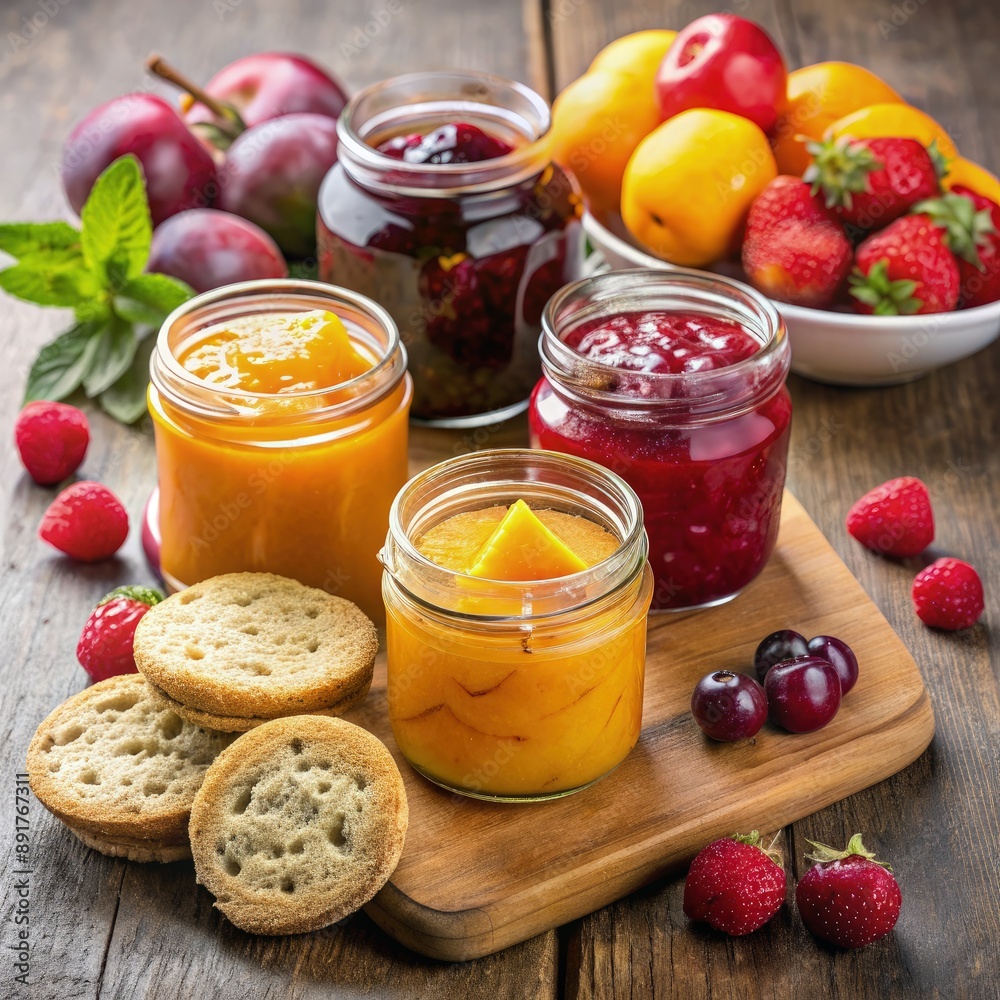 Fresh Fruit Preserves and Jams With Toasted Bread Slices on Wooden Table. Generative AI Fresh Fruit Preserves and Jams With Toasted Bread Slices on Wooden Table. Generative AI