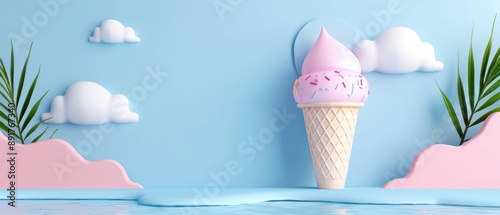 National Ice Cream Day depicted on a blank vintage card with a 3Dstyle icon in an ultramodern, supernatural scene, with copy space photo