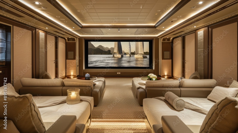 Fototapeta premium A Luxurious Home Theater with Plush Seating and a Large Screen Displaying a Coastal Scene