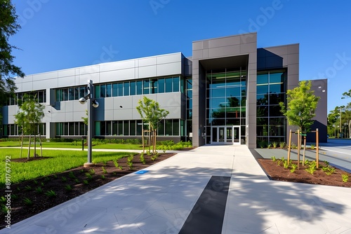 A sleek, modern school building with a welcoming entrance and well-maintained grounds