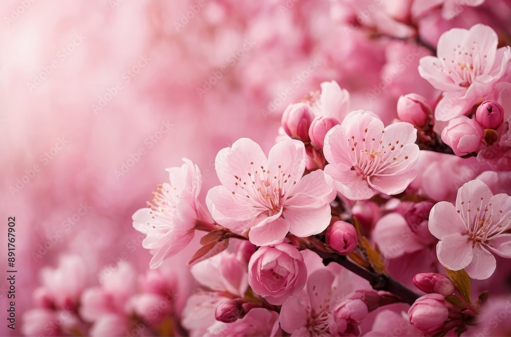 Close-up shot of delicate pink cherry blossoms in full bloom bathed in soft sunlight Close-up shot of delicate pink cherry blossoms in full bloom bathed in soft sunlight