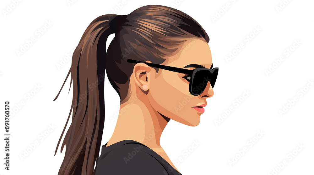 Girl with ponytail and sunglasses isolated on pure white background