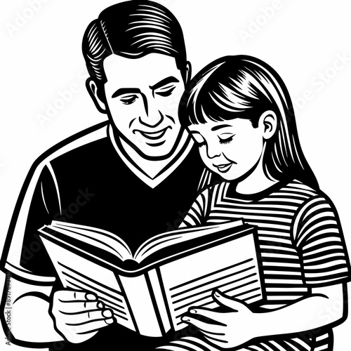 Father Reading to Child, Educational and Loving, Black and White Woodcut Style