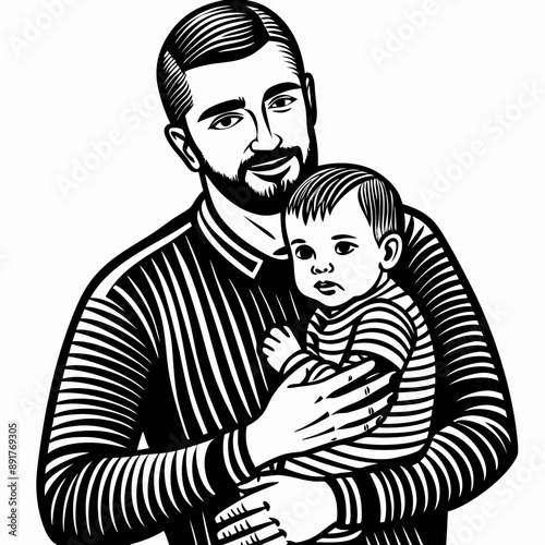 Father Holding Toddler, Protective and Loving, Black and White Woodcut Style