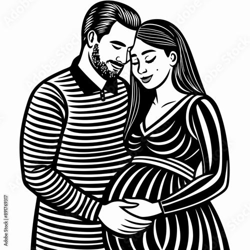 Expectant Couple Embracing, Loving and Hopeful, Black and White Woodcut Style