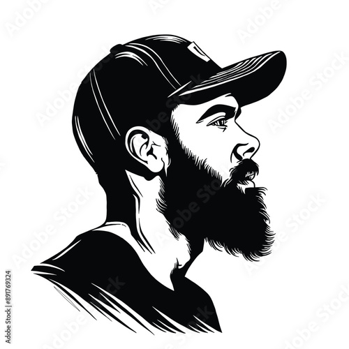 Bearded man with baseball cap, vector illustration, simple lines, black and white, profile view, white background, logo design, simple style, clean line 