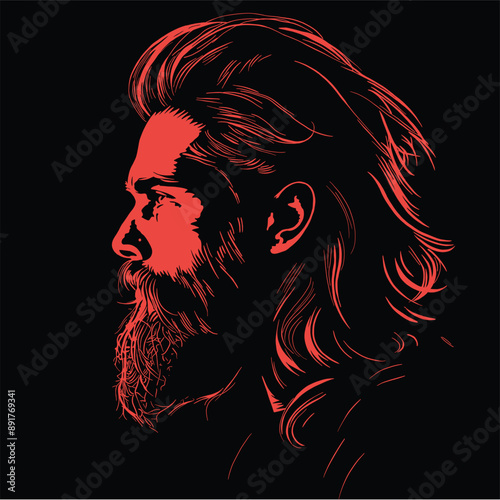 A vector of the profile portrait of man with long hair and beard, side view, red line art on black background