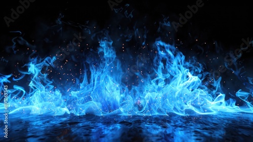 Blue Flames Dancing on a Dark Surface