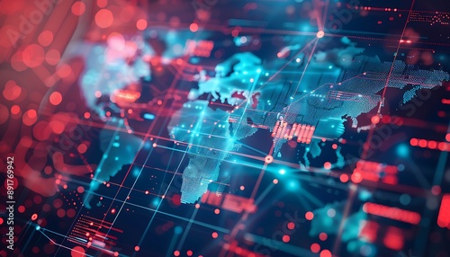 High-resolution image of a global network concept with a detailed world map and dynamic data nodes.