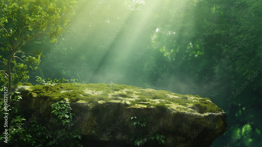 Rock platform, green forest background Rock platform, green forest background