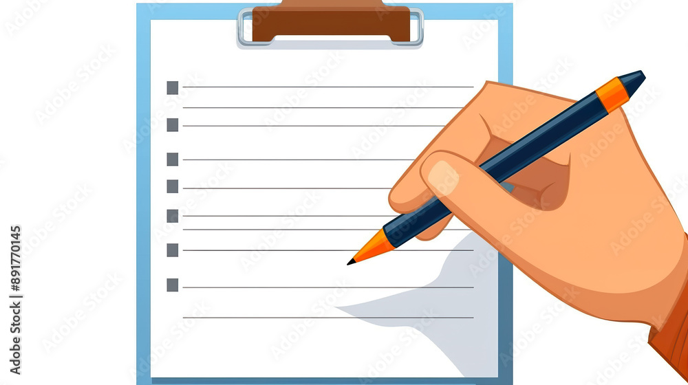 hand putting tick on paper isolated on pure white background