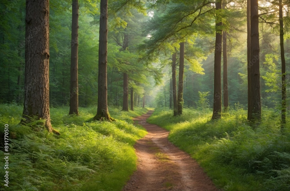 Fototapeta premium Sunbeams illuminating path through canopy of lush forest