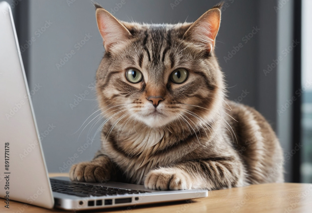 A cat using a laptop computer (looking very serious). A cat using a laptop computer (looking very serious).