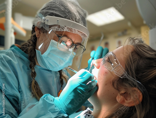 Female Dentist Examining Patient's Teeth With Tools in a Dental Office photo