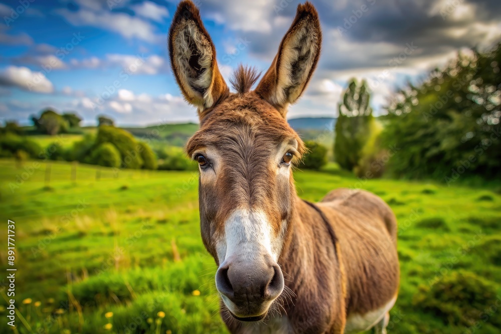 A Friendly Donkey Looking Directly at the Camera in a Green Pasture. Generative AI A Friendly Donkey Looking Directly at the Camera in a Green Pasture. Generative AI