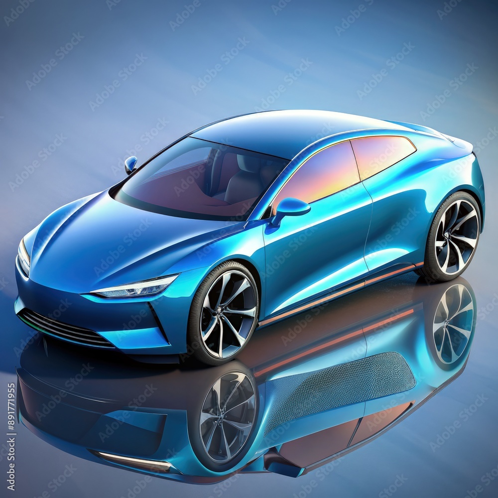 Blue Sport Car Reflected on a Shiny Surface. Generative AI Blue Sport Car Reflected on a Shiny Surface. Generative AI