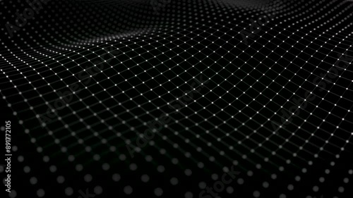 Abstract black background made of a plexus of glowing white dots, animated by waves connected by thin lines. Seamless looping animation. Black and white