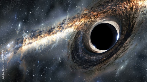 An artist's rendering of a black hole distorting light from surrounding stars photo