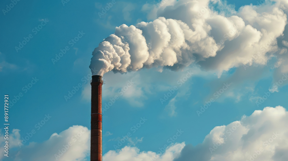 A factory chimney emitting white smoke under a blue sky with white clouds, highlighting environmental pollution A factory chimney emitting white smoke under a blue sky with white clouds, highlighting environmental pollution