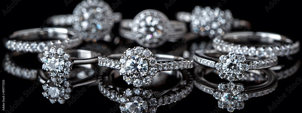 A set of white gold, platina, diamond rings on a black background with studio lighting, shown from the front view, side view and top view in a symmetrical composition for product photography A set of white gold, platina, diamond rings on a black background with studio lighting, shown from the front view, side view and top view in a symmetrical composition for product photography