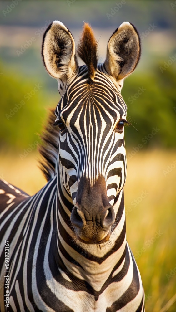 Fototapeta premium Close-Up Portrait of a Zebra in a Sunny Savanna. Generative AI