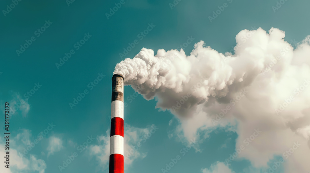 A factory chimney emitting white smoke under a blue sky with white clouds, highlighting environmental pollution A factory chimney emitting white smoke under a blue sky with white clouds, highlighting environmental pollution