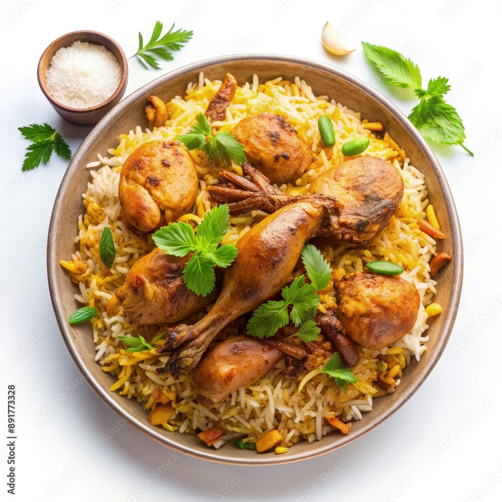 Close-Up of Chicken Biryani With Parsley Garnish. Generative AI Close-Up of Chicken Biryani With Parsley Garnish. Generative AI