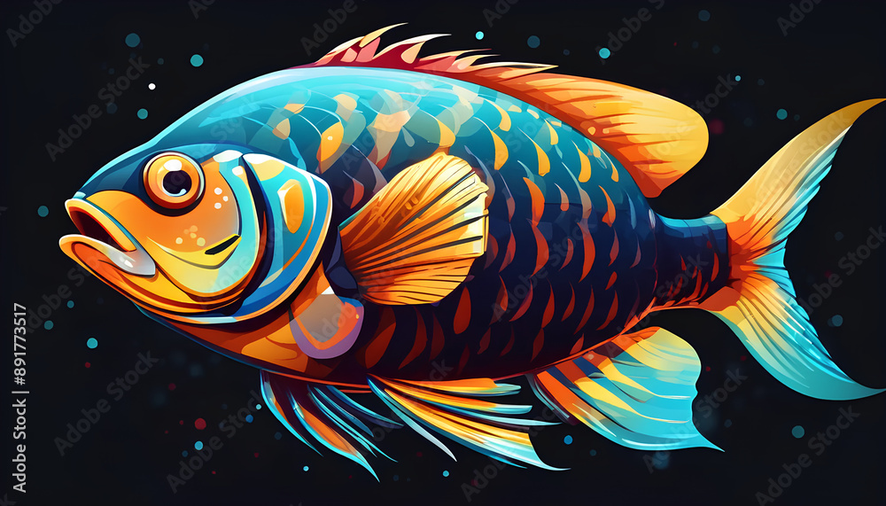 a painting of a fish on a black background, a digital painting, colorful vector illustration, mixed media style illustration, epic full color illustration, mascot illustration a painting of a fish on a black background, a digital painting, colorful vector illustration, mixed media style illustration, epic full color illustration, mascot illustration
