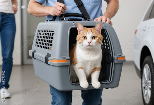  A person carrying a cat in a pet carrier, taking it to the vet. 