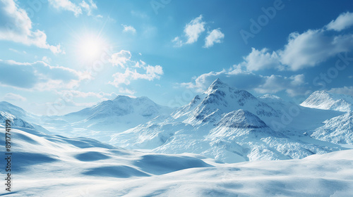 Tranquil snow-covered mountains under a blue sky