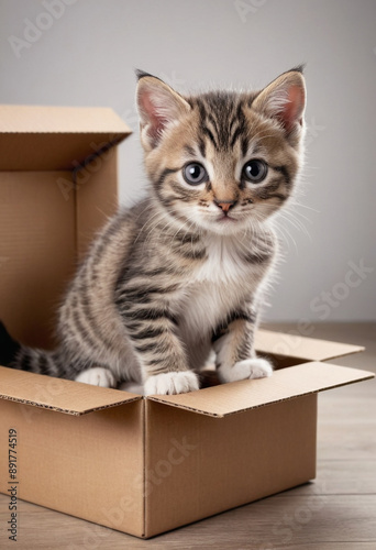  A curious kitten exploring a cardboard box. 