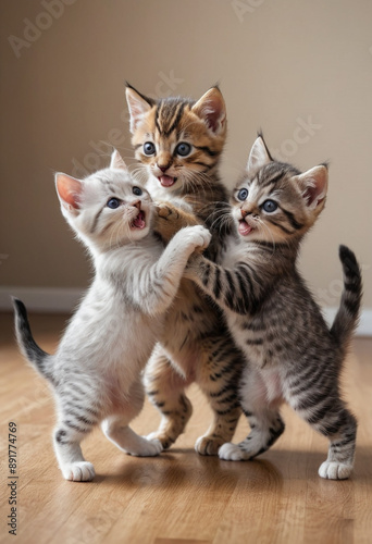  A playful group of kittens wrestling with each other. 