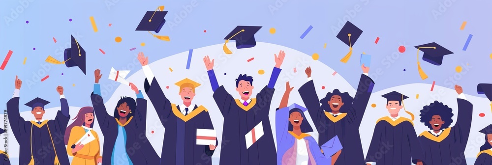 A group of diverse students celebrating graduation by throwing their caps in the air, symbolizing achievement, success, unity, joy, and new beginnings A group of diverse students celebrating graduation by throwing their caps in the air, symbolizing achievement, success, unity, joy, and new beginnings