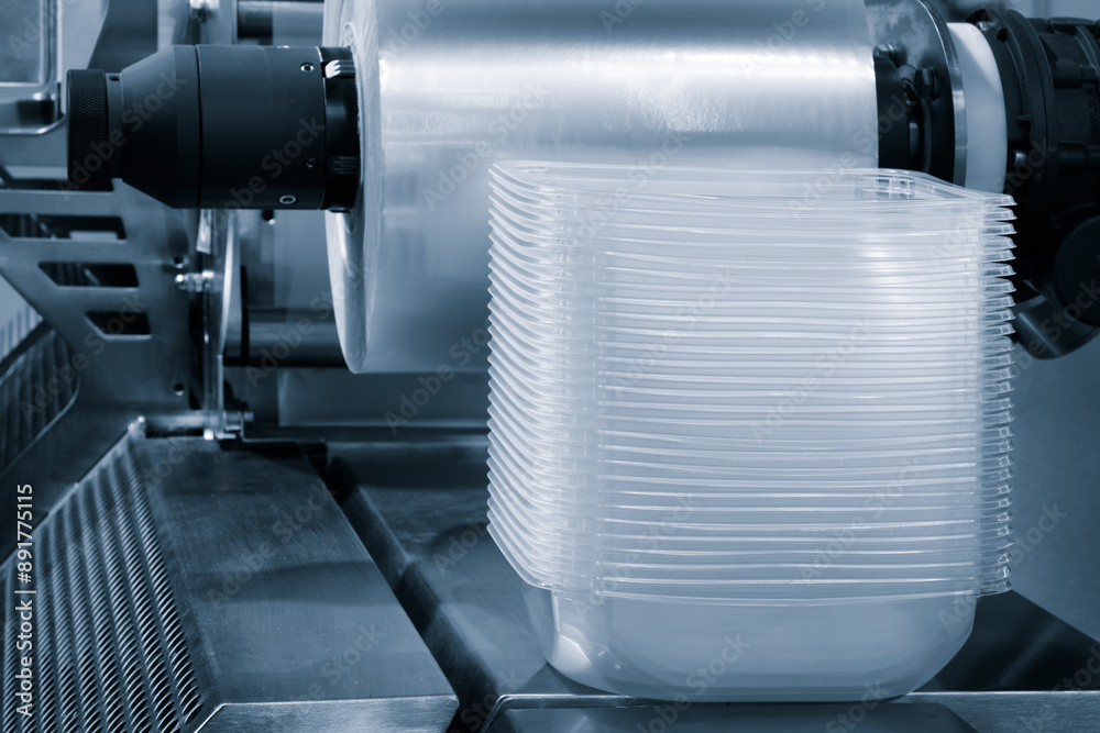 A machine is making plastic containers. The containers are stacked in rows A machine is making plastic containers. The containers are stacked in rows