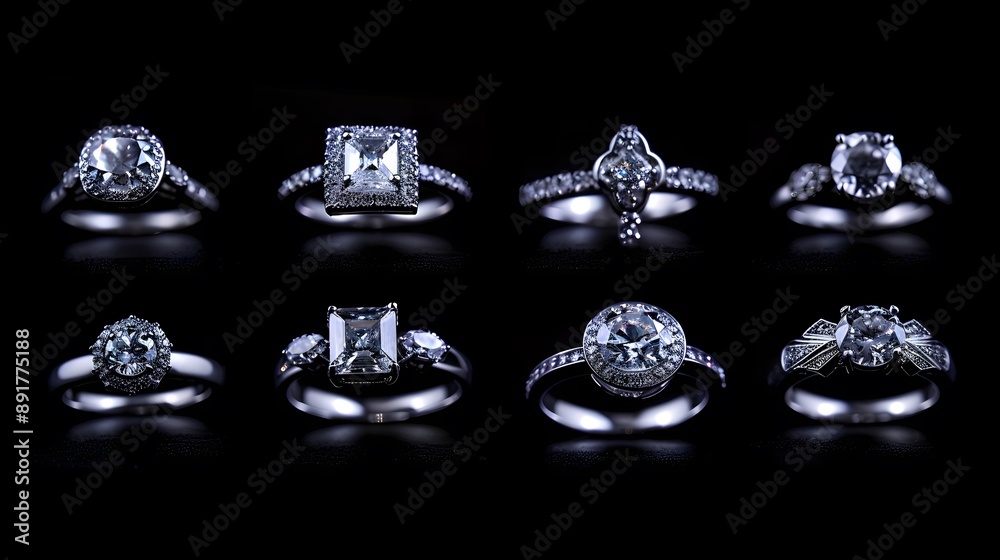 A set of white gold, platina, diamond rings on a black background with studio lighting, shown from the front view, side view and top view in a symmetrical composition for product photography A set of white gold, platina, diamond rings on a black background with studio lighting, shown from the front view, side view and top view in a symmetrical composition for product photography