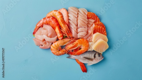 A brain shape made of various types of seafood on a blue background. photo