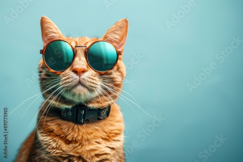 Closeup portrait of funny calico tuxedo black ginger cat wearing sunglasses isolated on light cyan. Copy space. 