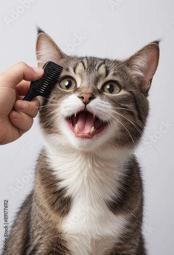  A cat playfully swatting at a comb after being brushed. 