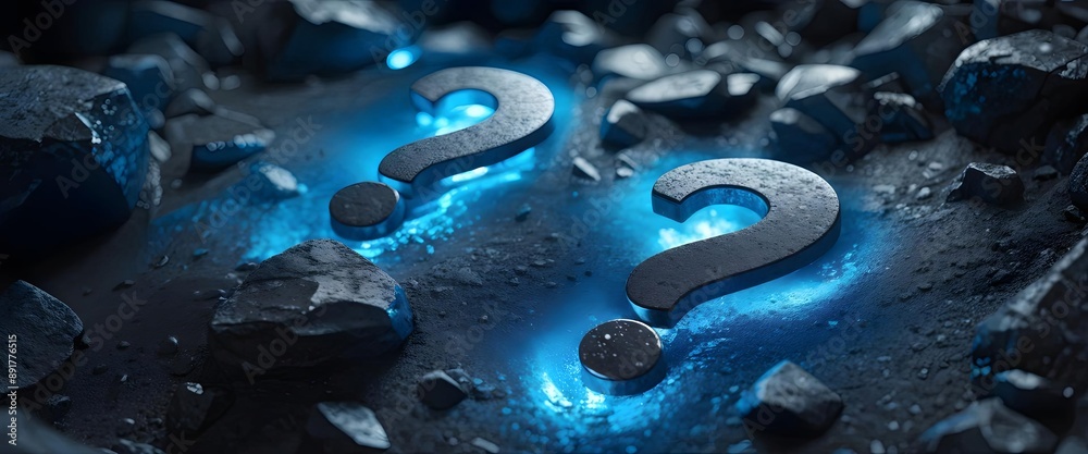 Metallic question marks in a futuristic sci-fi landscape, glowing blue, perfect for technology themes. Generative AI Metallic question marks in a futuristic sci-fi landscape, glowing blue, perfect for technology themes. Generative AI