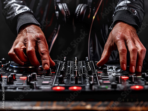 DJ Mixing Music on a Soundboard With Red Lights